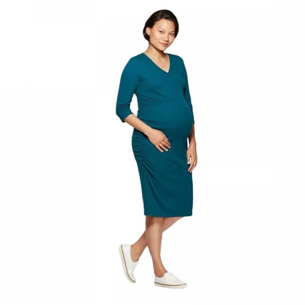 Isabel Maternity Teal 3/4 Sleeve Ribbed Ruched Side Maternity Dress size Large